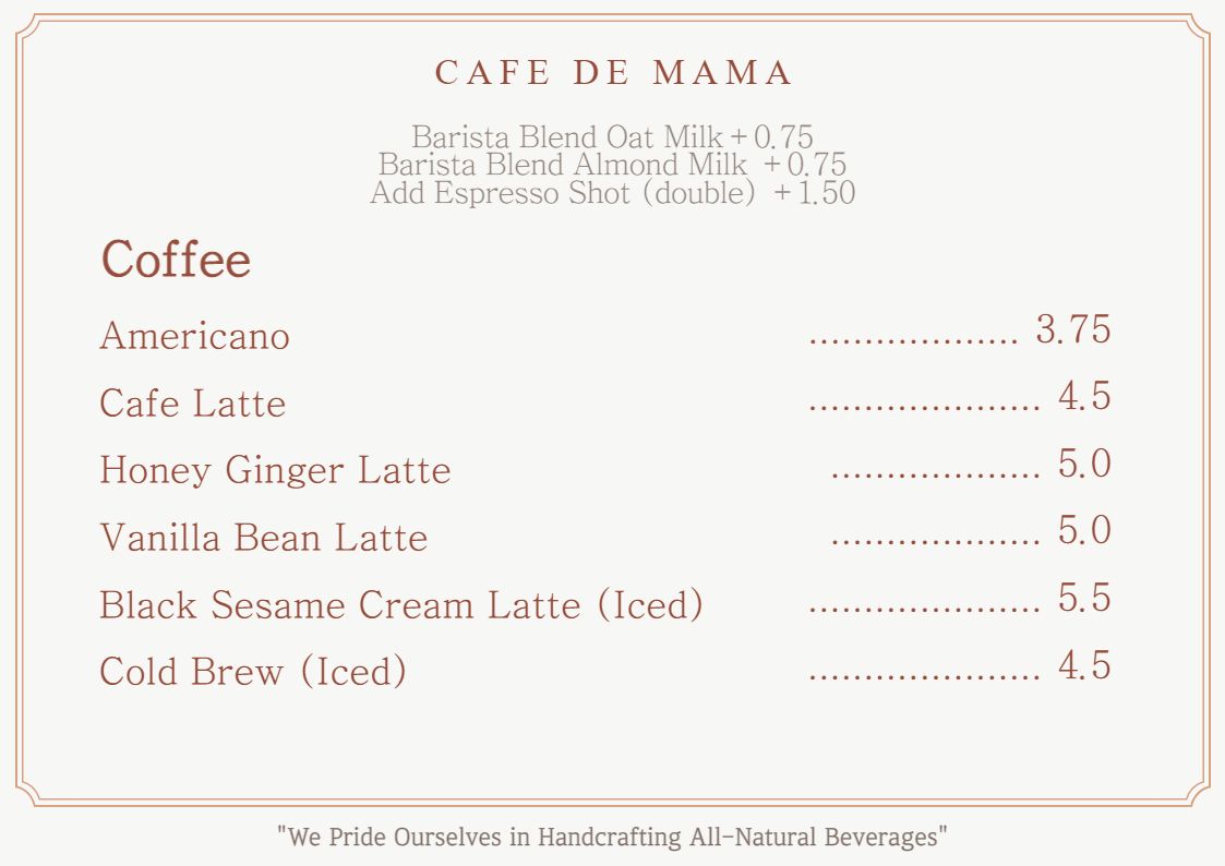 cafe de mama koreatown coffee menu